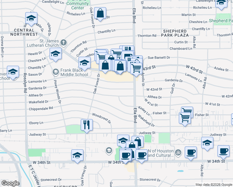 map of restaurants, bars, coffee shops, grocery stores, and more near 1242 Gardenia Drive in Houston