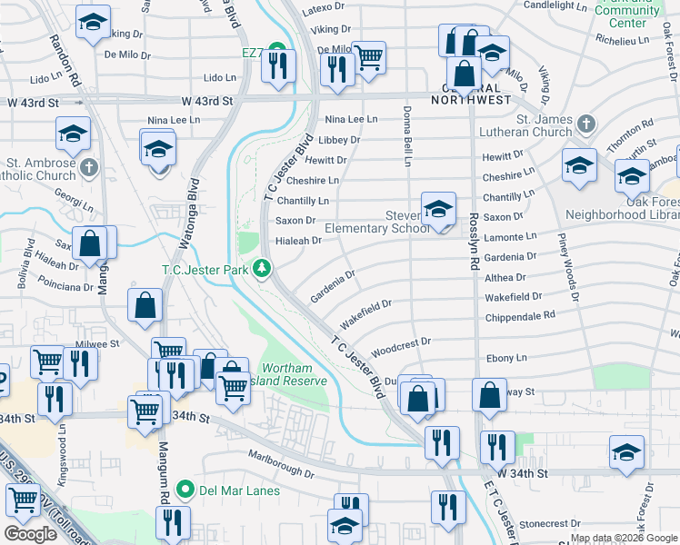 map of restaurants, bars, coffee shops, grocery stores, and more near 2207 Lamonte Lane in Houston