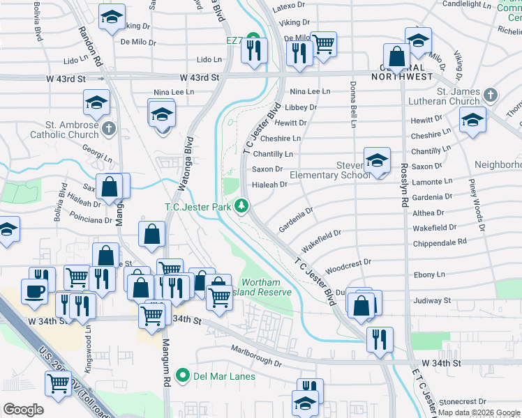 map of restaurants, bars, coffee shops, grocery stores, and more near 4126 T C Jester Boulevard in Houston