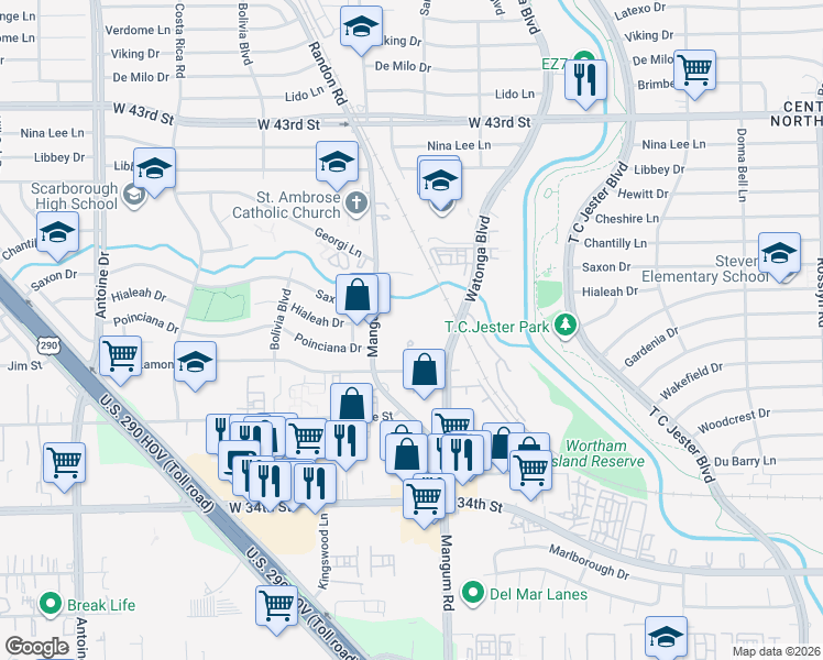map of restaurants, bars, coffee shops, grocery stores, and more near 4800 Lamonte Lane in Houston