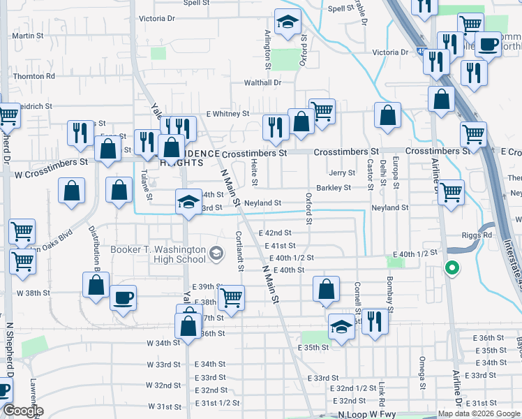 map of restaurants, bars, coffee shops, grocery stores, and more near 307 Neyland Street in Houston