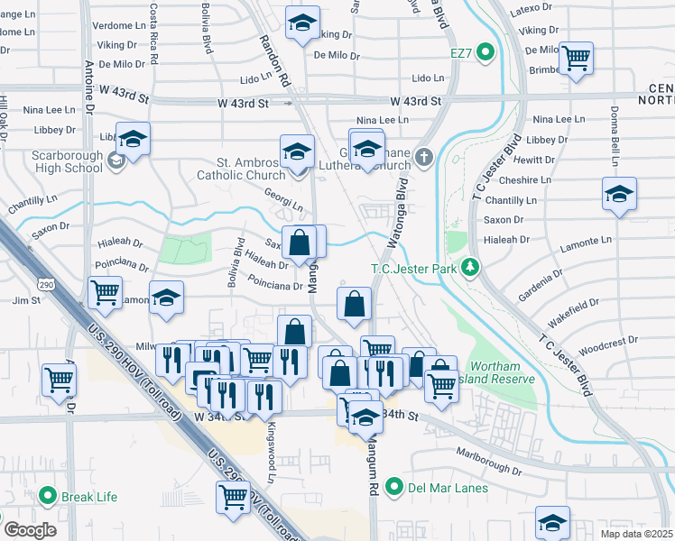 map of restaurants, bars, coffee shops, grocery stores, and more near 3892 Mangum Road in Houston