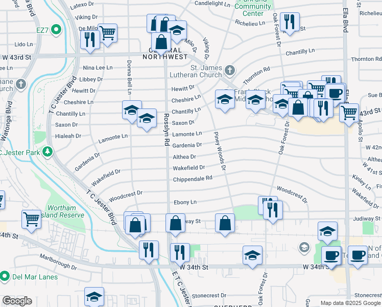 map of restaurants, bars, coffee shops, grocery stores, and more near 1635 Gardenia Drive in Houston