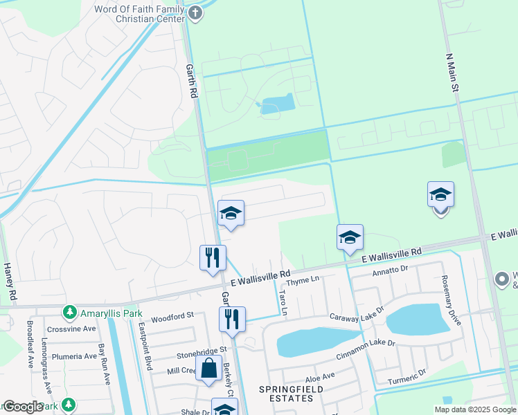 map of restaurants, bars, coffee shops, grocery stores, and more near 5226 Espuela Lane in Baytown