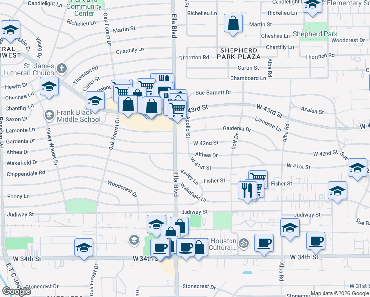 map of restaurants, bars, coffee shops, grocery stores, and more near 4203 Apollo Street in Houston