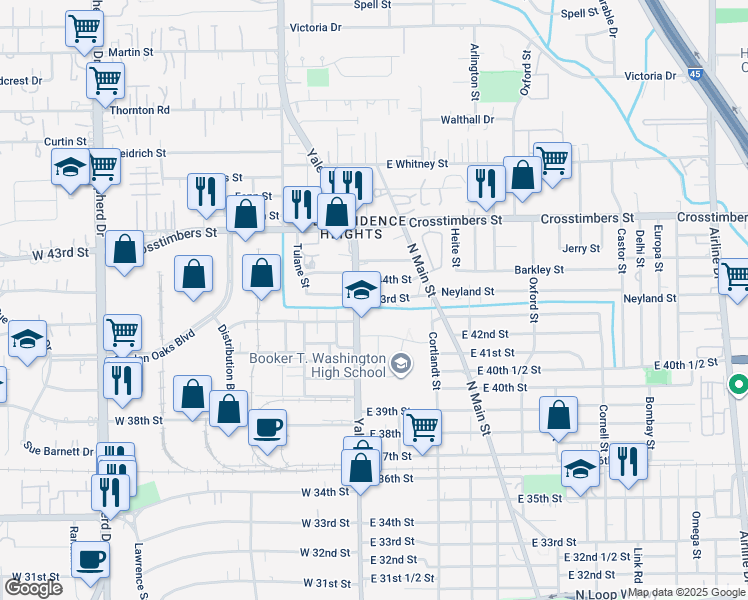 map of restaurants, bars, coffee shops, grocery stores, and more near 112 1/2 East 44th Street in Houston