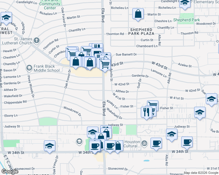 map of restaurants, bars, coffee shops, grocery stores, and more near 4203 Apollo Street in Houston