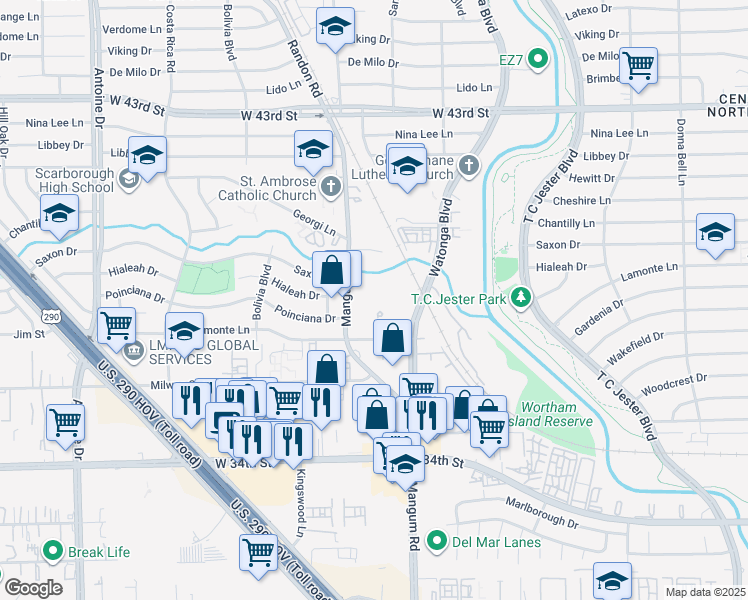 map of restaurants, bars, coffee shops, grocery stores, and more near 3892 Mangum Road in Houston