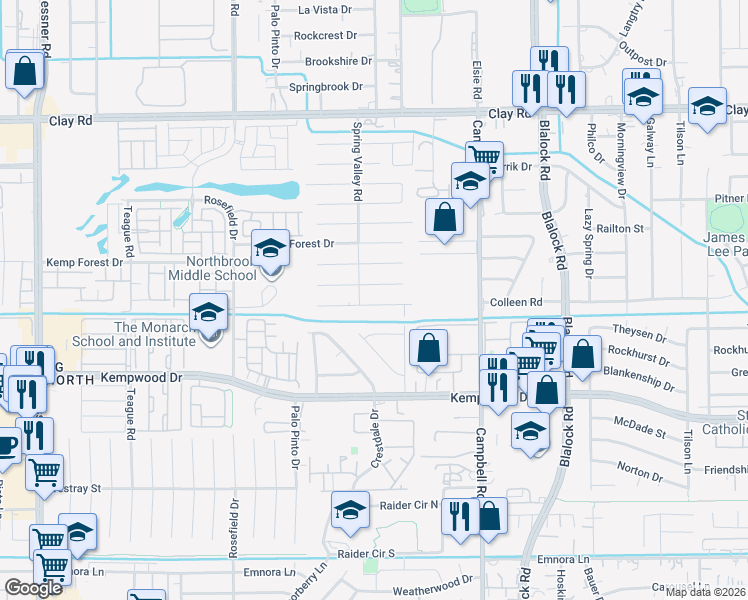 map of restaurants, bars, coffee shops, grocery stores, and more near 9627 Lawngate Drive in Houston