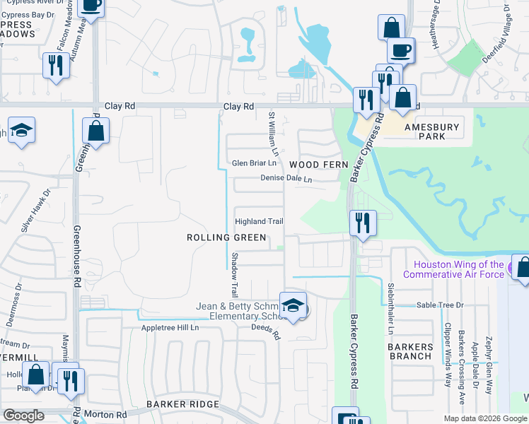 map of restaurants, bars, coffee shops, grocery stores, and more near 18730 Clover Glen Lane in Houston