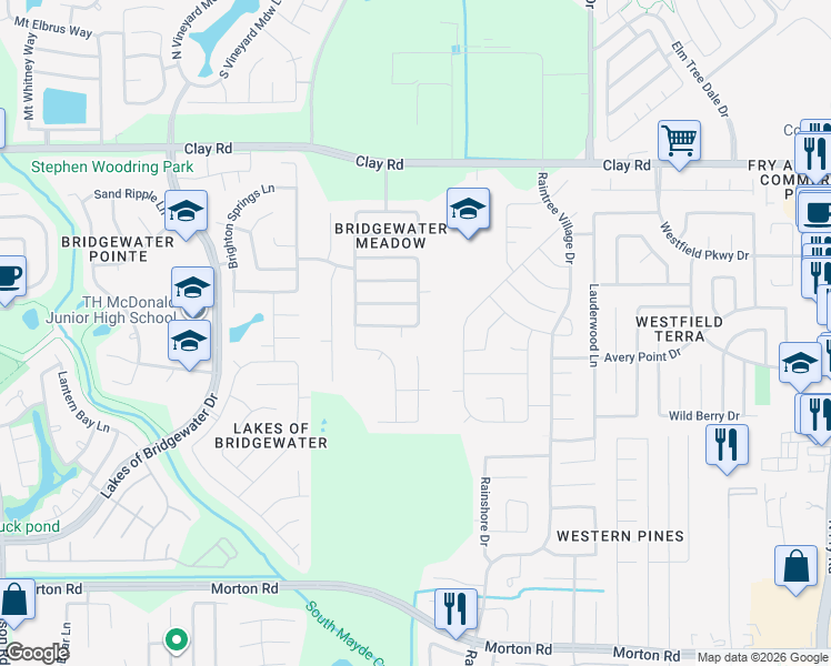 map of restaurants, bars, coffee shops, grocery stores, and more near 3610 Waterport Lane in Katy