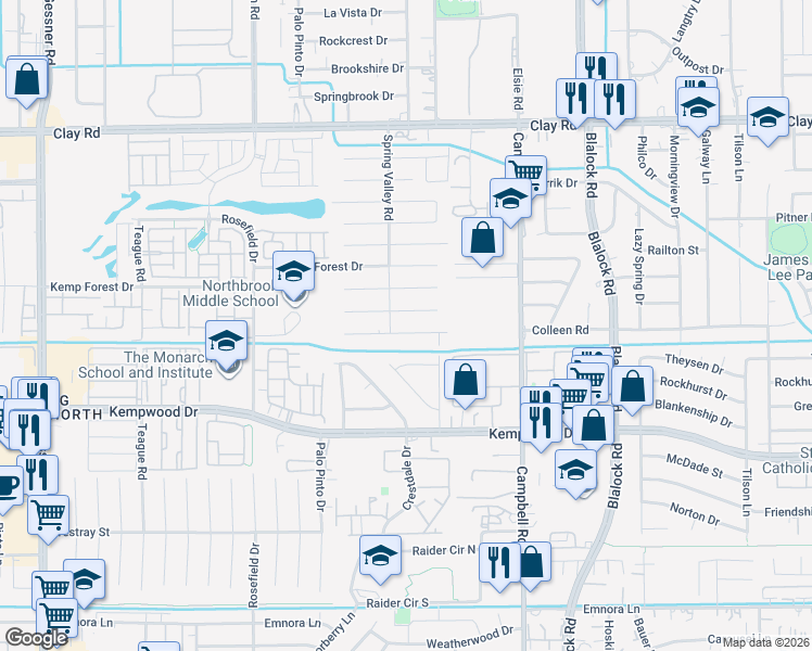 map of restaurants, bars, coffee shops, grocery stores, and more near 9627 Lawngate Drive in Houston