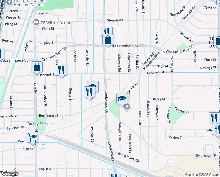 map of restaurants, bars, coffee shops, grocery stores, and more near 7301 Wileyvale Road in Houston