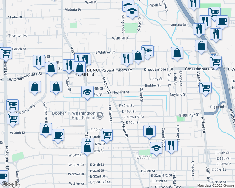 map of restaurants, bars, coffee shops, grocery stores, and more near 307 Neyland Street in Houston