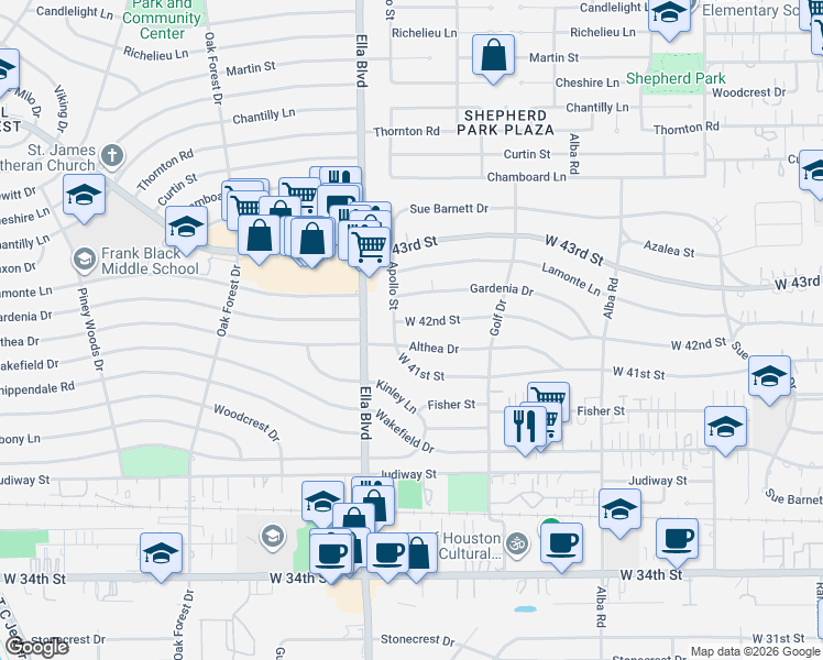 map of restaurants, bars, coffee shops, grocery stores, and more near 1054 West 42nd Street in Houston