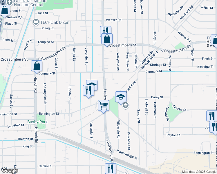 map of restaurants, bars, coffee shops, grocery stores, and more near 7301 Wileyvale Road in Houston