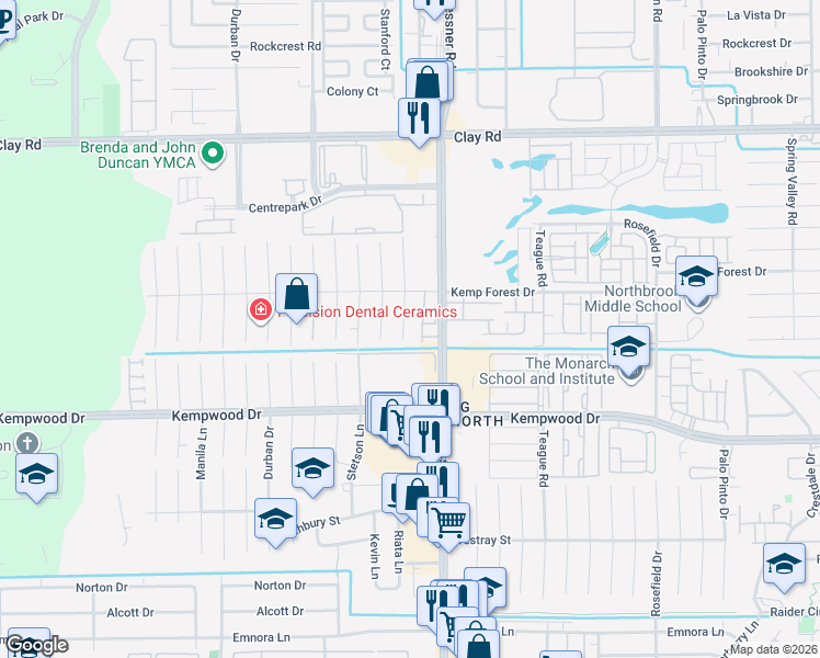 map of restaurants, bars, coffee shops, grocery stores, and more near 2919 Riata Lane in Houston