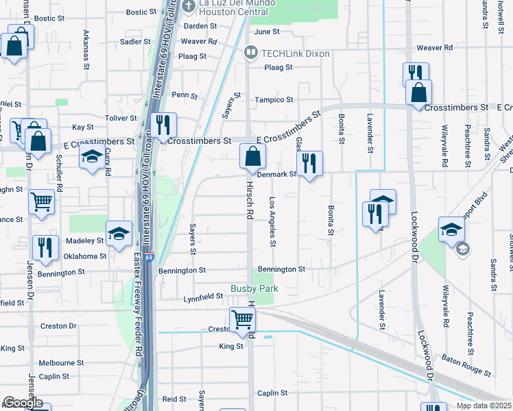 map of restaurants, bars, coffee shops, grocery stores, and more near 7221 Los Angeles Street in Houston