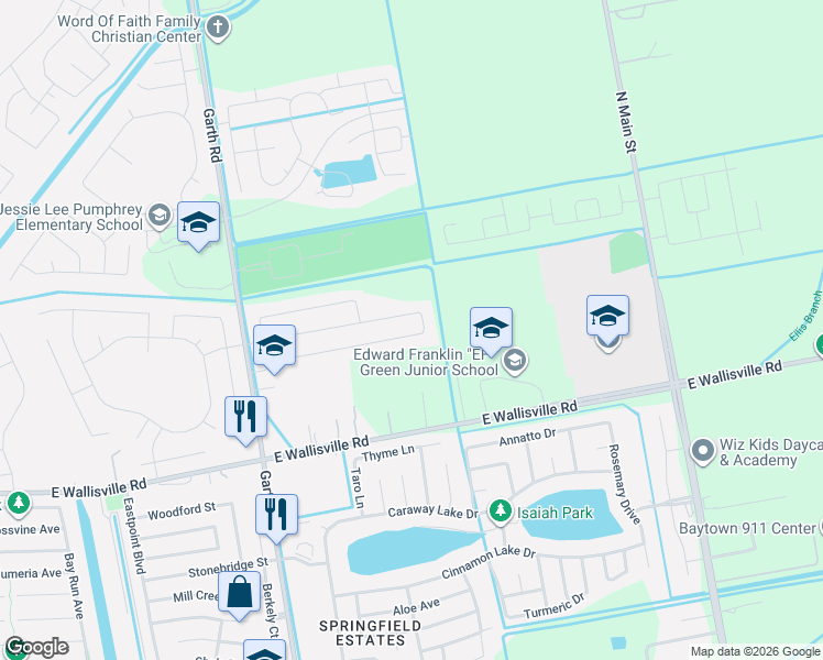 map of restaurants, bars, coffee shops, grocery stores, and more near 5438 Espuela Lane in Baytown