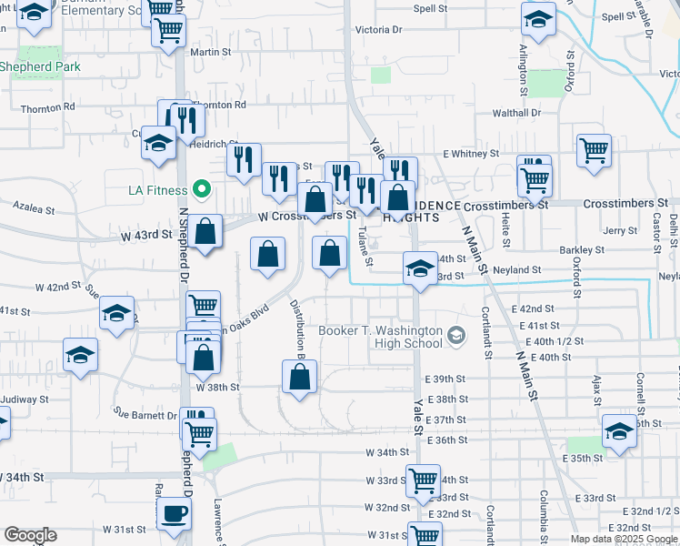 map of restaurants, bars, coffee shops, grocery stores, and more near 421 Crosstimbers Street in Houston