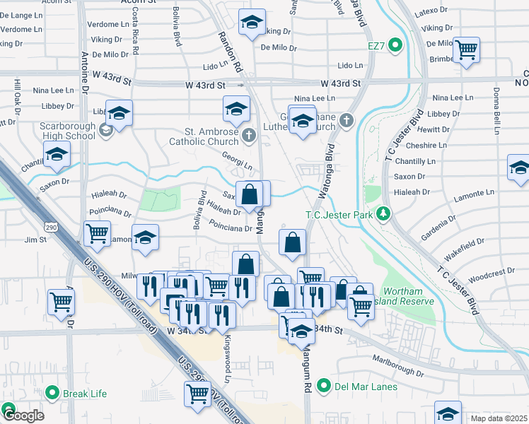 map of restaurants, bars, coffee shops, grocery stores, and more near 3892 Mangum Road in Houston