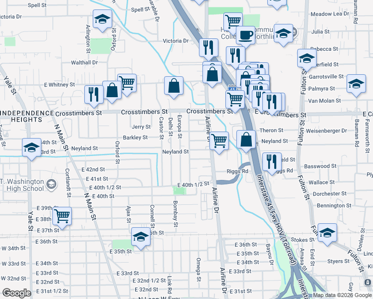map of restaurants, bars, coffee shops, grocery stores, and more near 4208 Europa Street in Houston