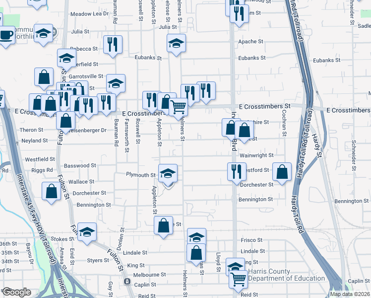 map of restaurants, bars, coffee shops, grocery stores, and more near 7208 Helmers Street in Houston