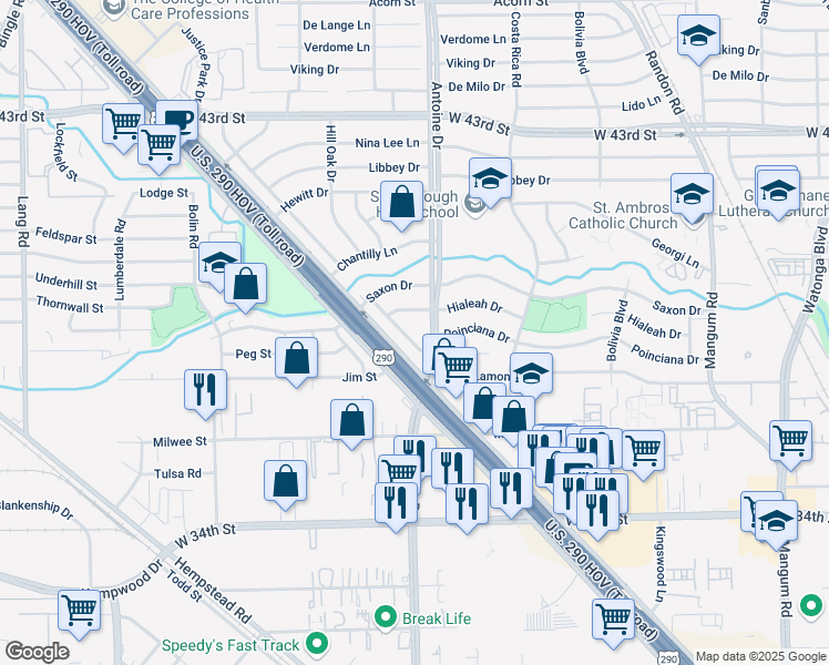 map of restaurants, bars, coffee shops, grocery stores, and more near 3915 Antoine Drive in Houston