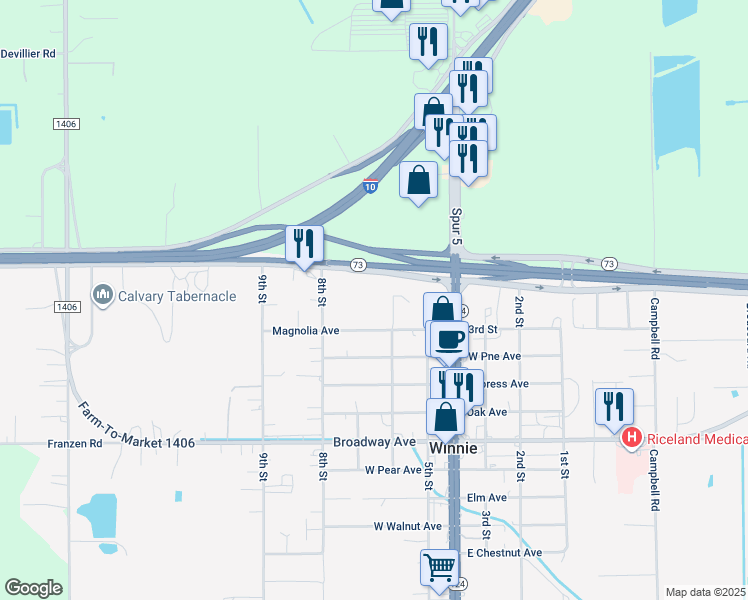 map of restaurants, bars, coffee shops, grocery stores, and more near I-10 6th Street in Winnie