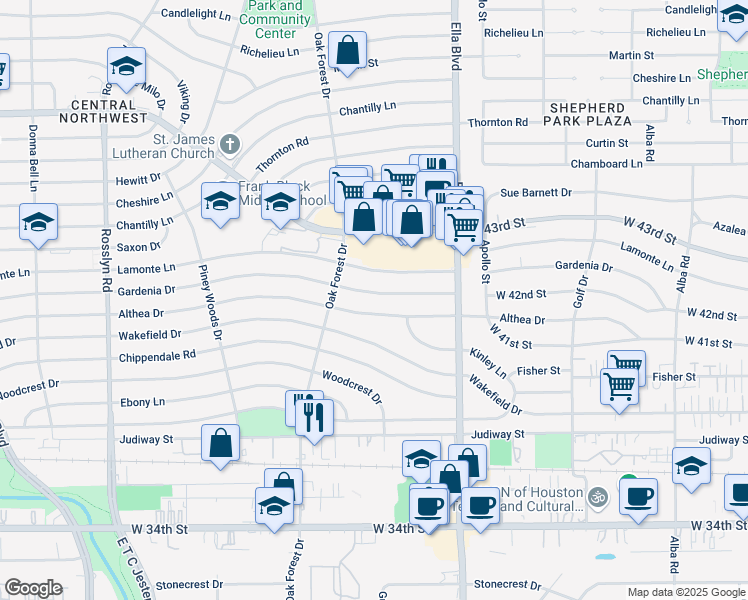 map of restaurants, bars, coffee shops, grocery stores, and more near 1316 Gardenia Drive in Houston