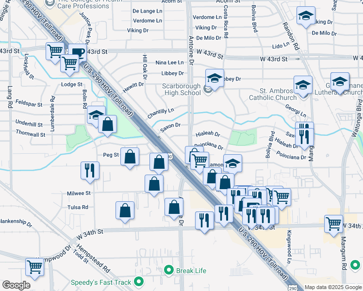 map of restaurants, bars, coffee shops, grocery stores, and more near 3915 Antoine Drive in Houston