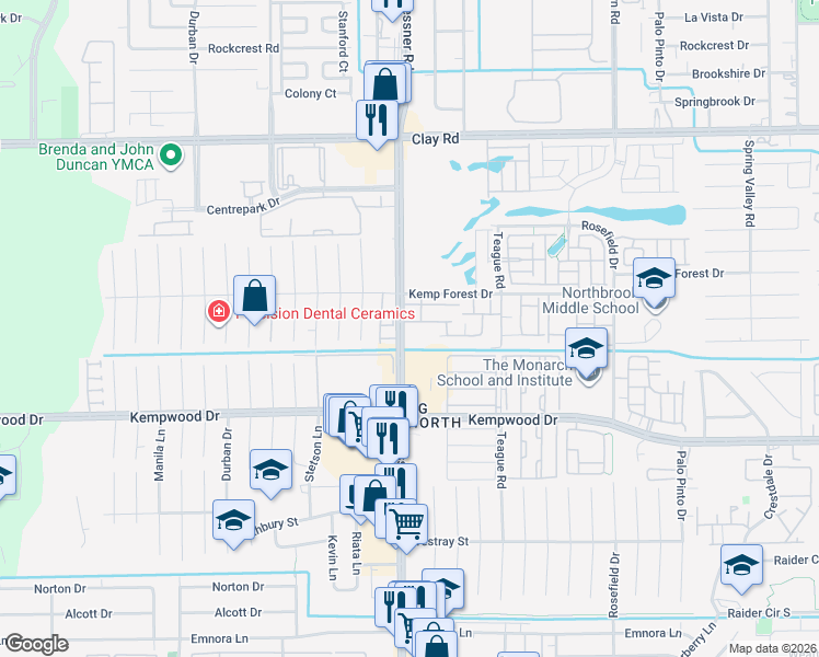 map of restaurants, bars, coffee shops, grocery stores, and more near 10207 Alder Ridge Drive in Houston