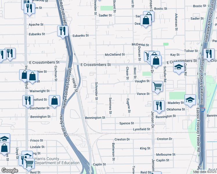 map of restaurants, bars, coffee shops, grocery stores, and more near 2010 Vaughn Street in Houston
