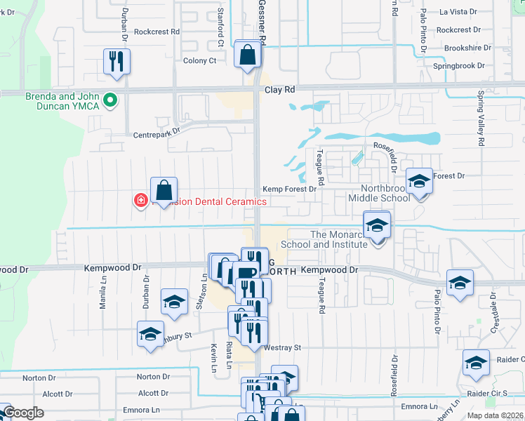 map of restaurants, bars, coffee shops, grocery stores, and more near 10207 Alder Ridge Drive in Houston