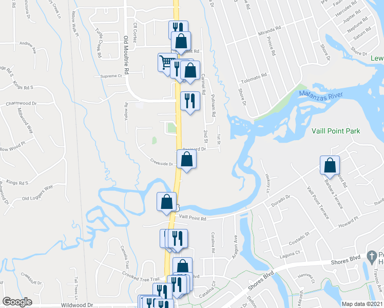 map of restaurants, bars, coffee shops, grocery stores, and more near 3705 Bluff Lane in St. Augustine