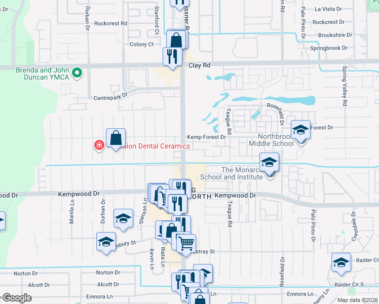 map of restaurants, bars, coffee shops, grocery stores, and more near 3018 Gessner Road in Houston