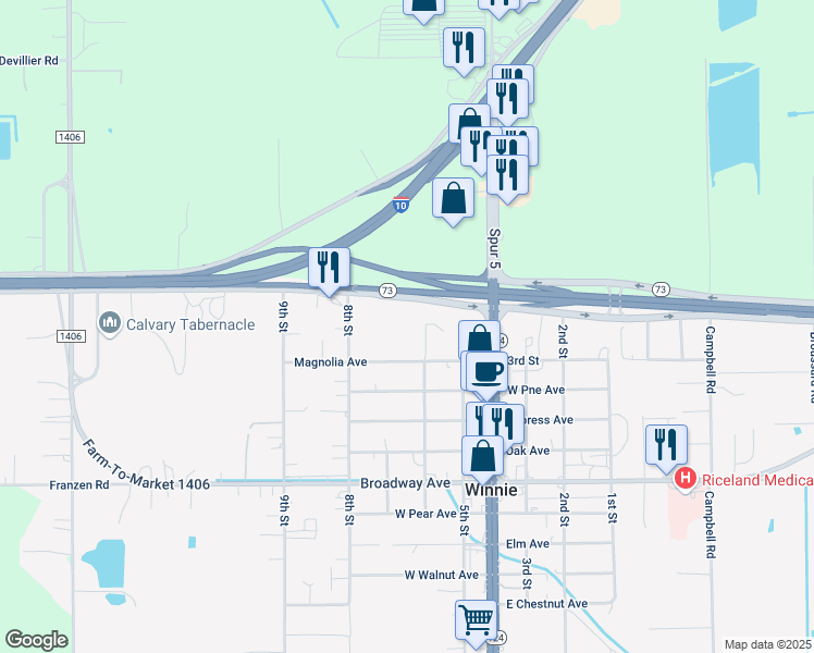 map of restaurants, bars, coffee shops, grocery stores, and more near I-10 6th Street in Winnie