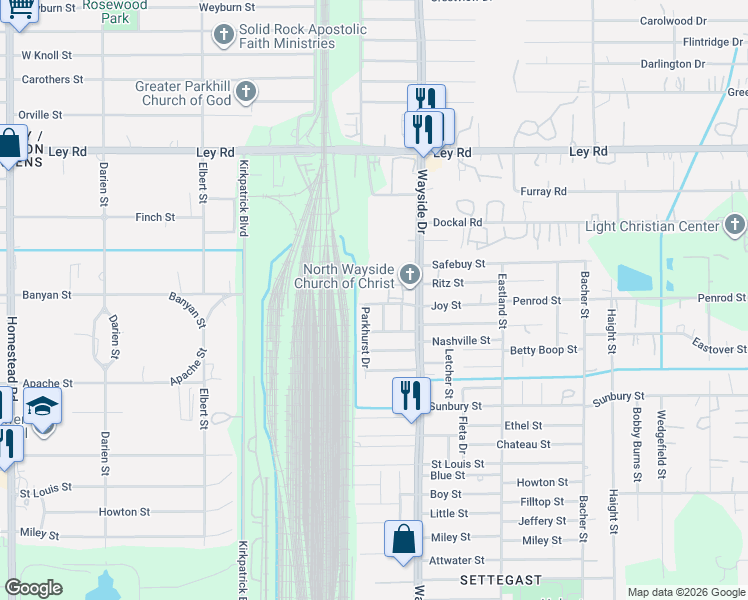 map of restaurants, bars, coffee shops, grocery stores, and more near 7829 Joy Street in Houston