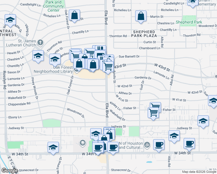 map of restaurants, bars, coffee shops, grocery stores, and more near 4101 Ella Boulevard in Houston