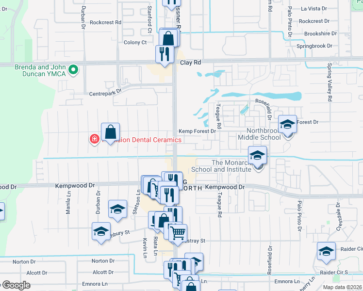 map of restaurants, bars, coffee shops, grocery stores, and more near 3018 Gessner Road in Houston