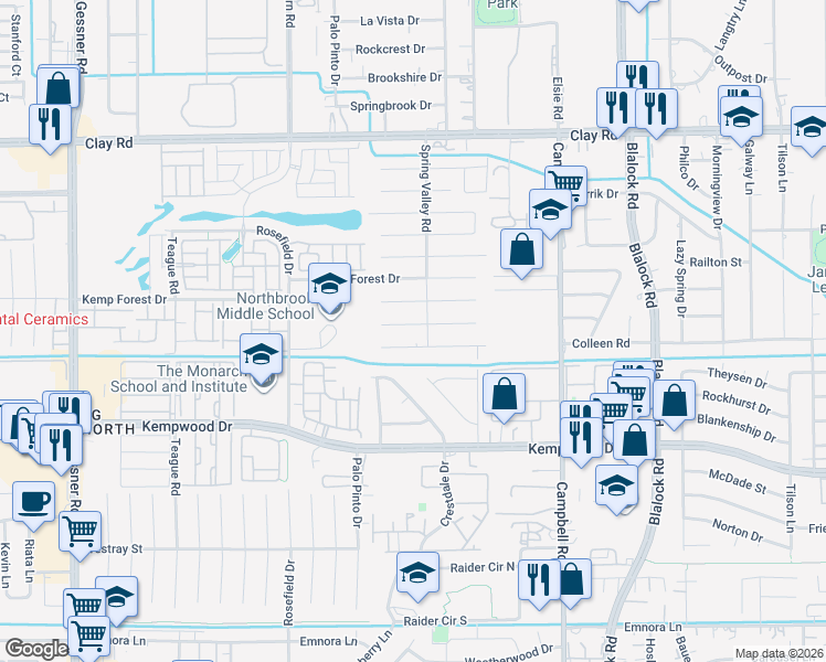 map of restaurants, bars, coffee shops, grocery stores, and more near 9711 Lawngate Drive in Houston