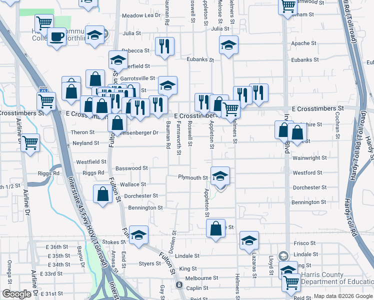 map of restaurants, bars, coffee shops, grocery stores, and more near 7211 Roswell Street in Houston