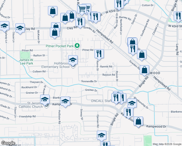 map of restaurants, bars, coffee shops, grocery stores, and more near 8610 Rayson Road in Houston