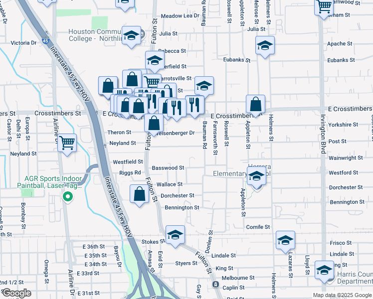 map of restaurants, bars, coffee shops, grocery stores, and more near 224B Neyland Street in Houston