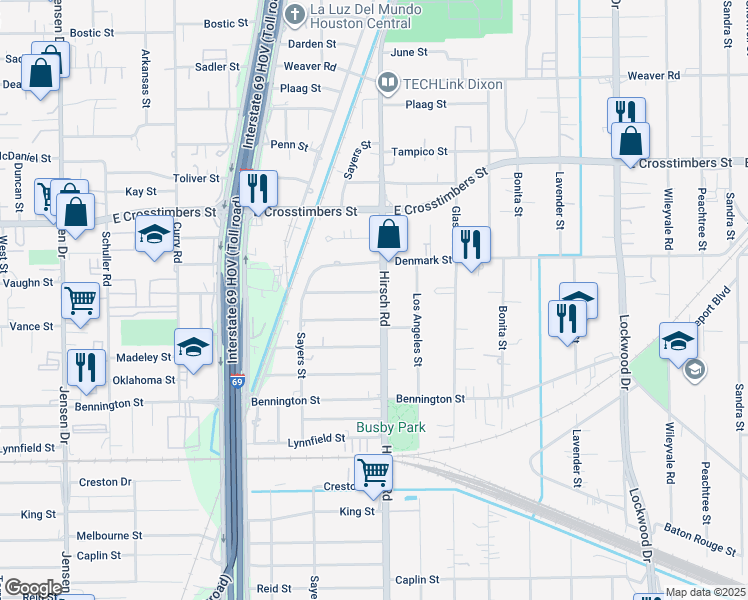 map of restaurants, bars, coffee shops, grocery stores, and more near 7221 Hirsch Road in Houston