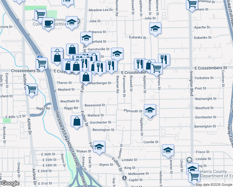 map of restaurants, bars, coffee shops, grocery stores, and more near 7125 Bauman Road in Houston
