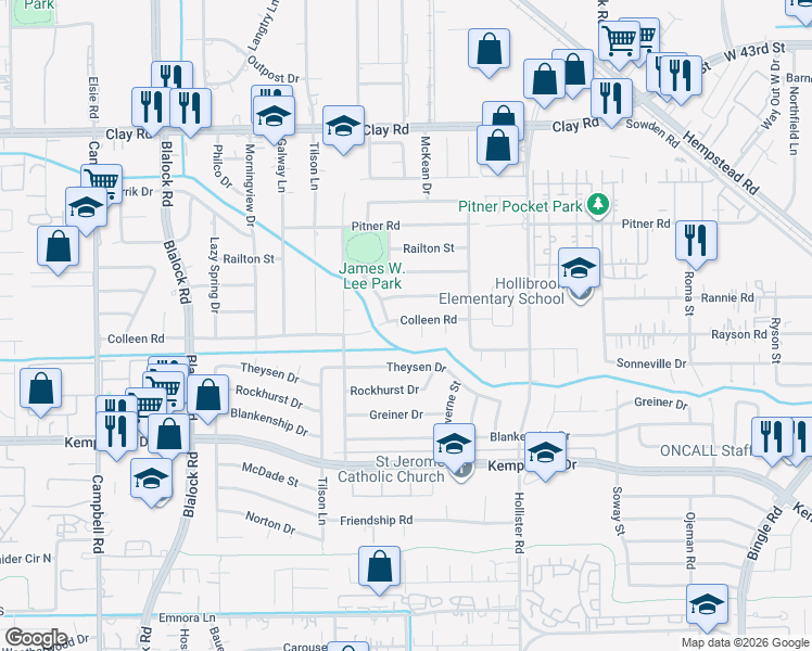 map of restaurants, bars, coffee shops, grocery stores, and more near 9003 Colleen Road in Houston