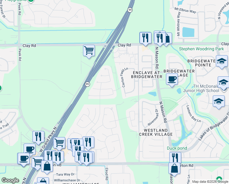 map of restaurants, bars, coffee shops, grocery stores, and more near 3614 Russett Glen Lane in Katy