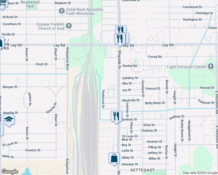 map of restaurants, bars, coffee shops, grocery stores, and more near 7829 Joy Street in Houston