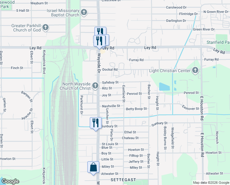 map of restaurants, bars, coffee shops, grocery stores, and more near 7984 Ritz Street in Houston